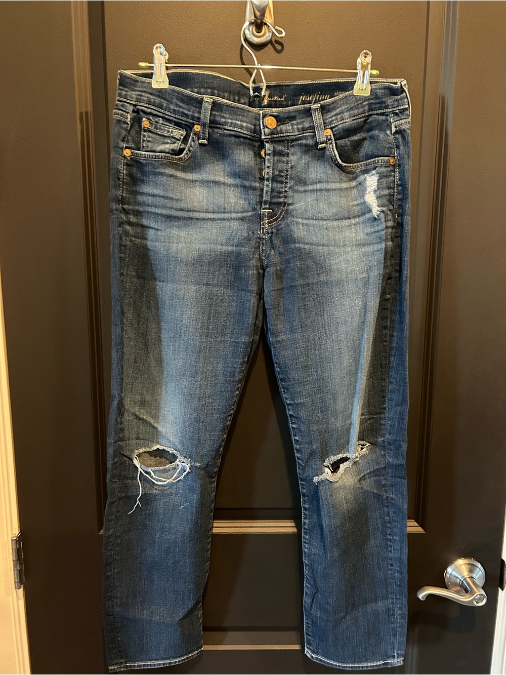 7 For All Mankind Distressed Dark Blue Josefina Skinny Boyfriend Jeans